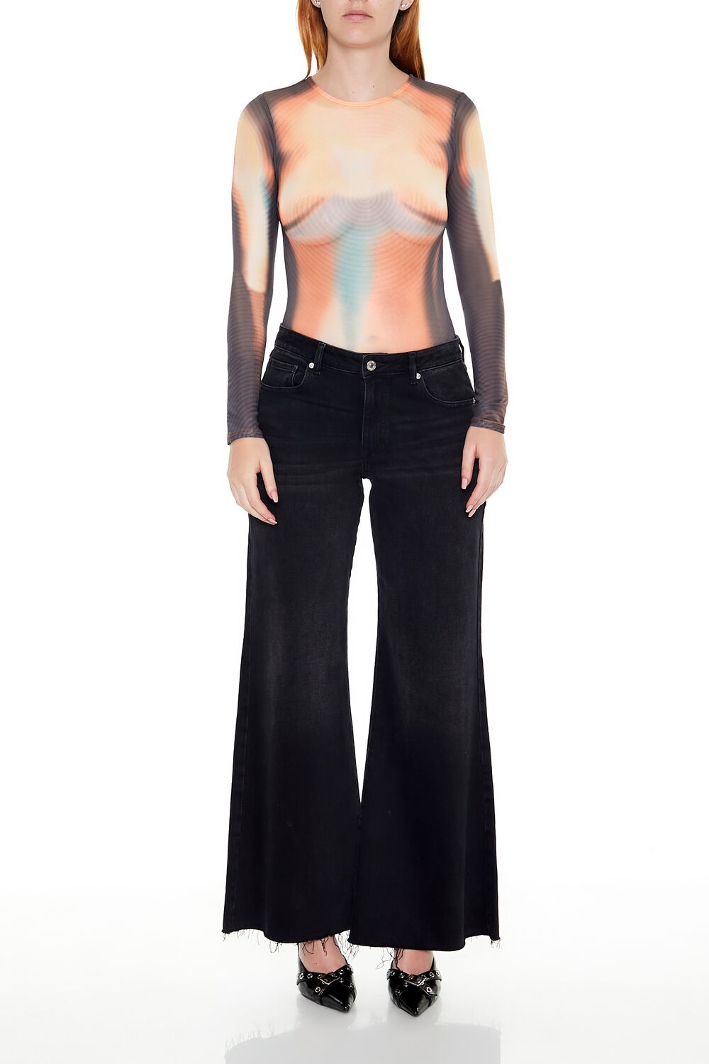  Forever 21 Abstract Print Mesh Bodysuit - black multi - Bonton