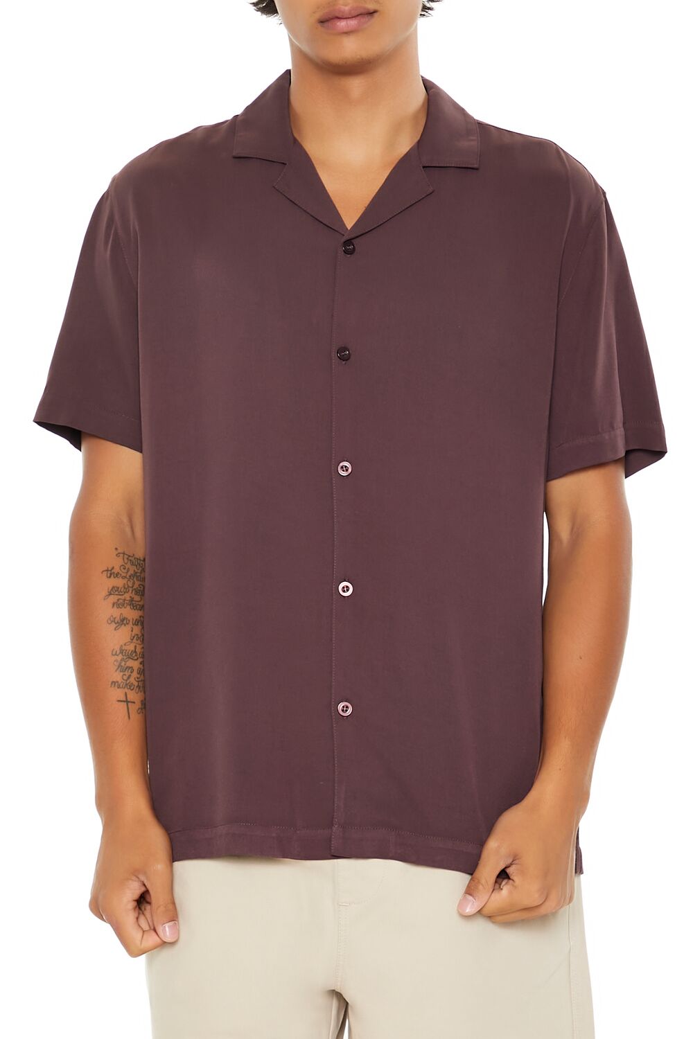  Forever 21 Cuban Collar Short-Sleeve Shirt - dark cocoa - Bonton