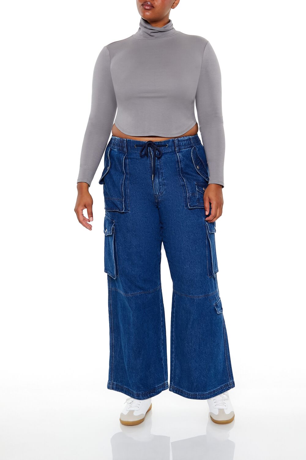  Forever 21 Plus Size Mid-Rise Cargo Jeans - dark-denim - Bonton