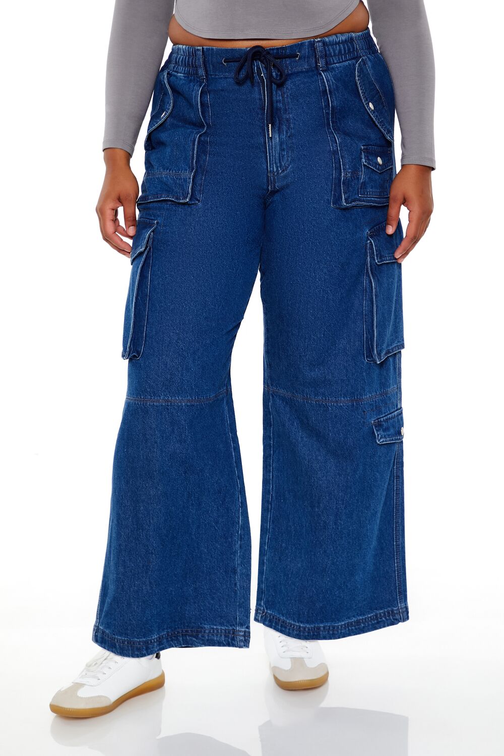  Forever 21 Plus Size Mid-Rise Cargo Jeans - dark-denim - Bonton