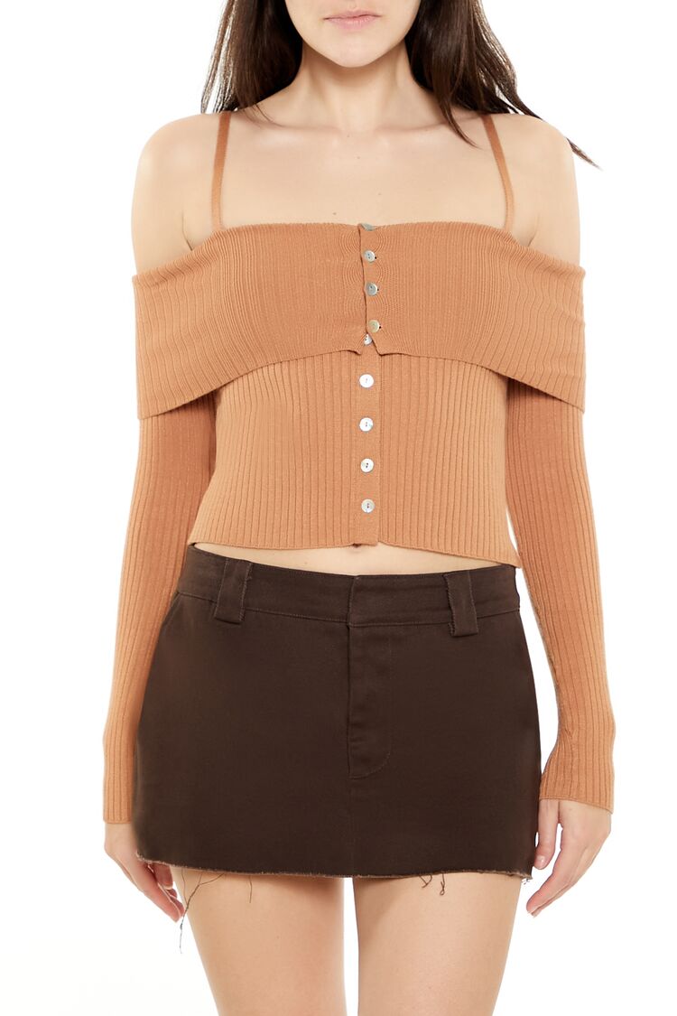  Forever 21 Open-Shoulder Sweater-Knit Crop Top - camel - Bonton