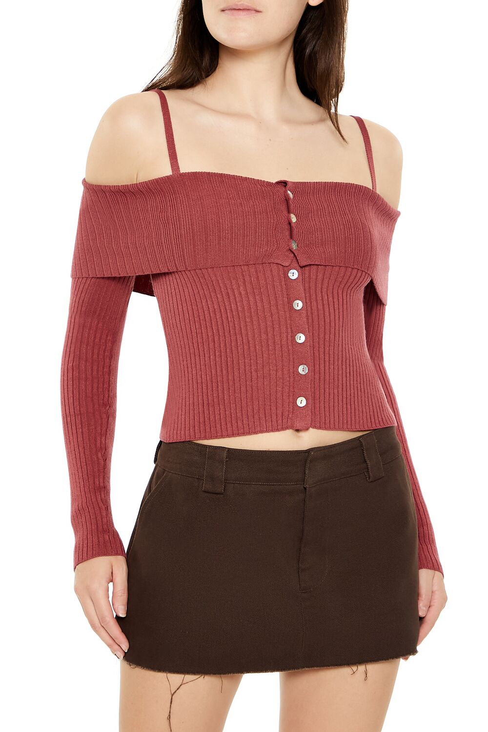  Forever 21 Open-Shoulder Sweater-Knit Crop Top - camel - Bonton