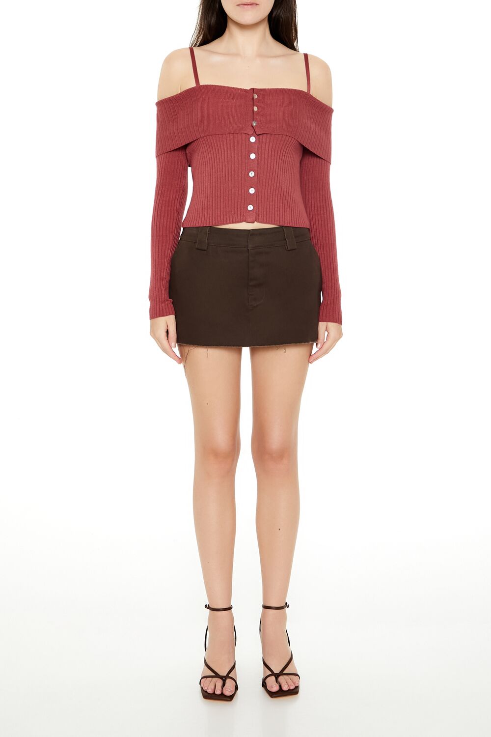  Forever 21 Open-Shoulder Sweater-Knit Crop Top - camel - Bonton