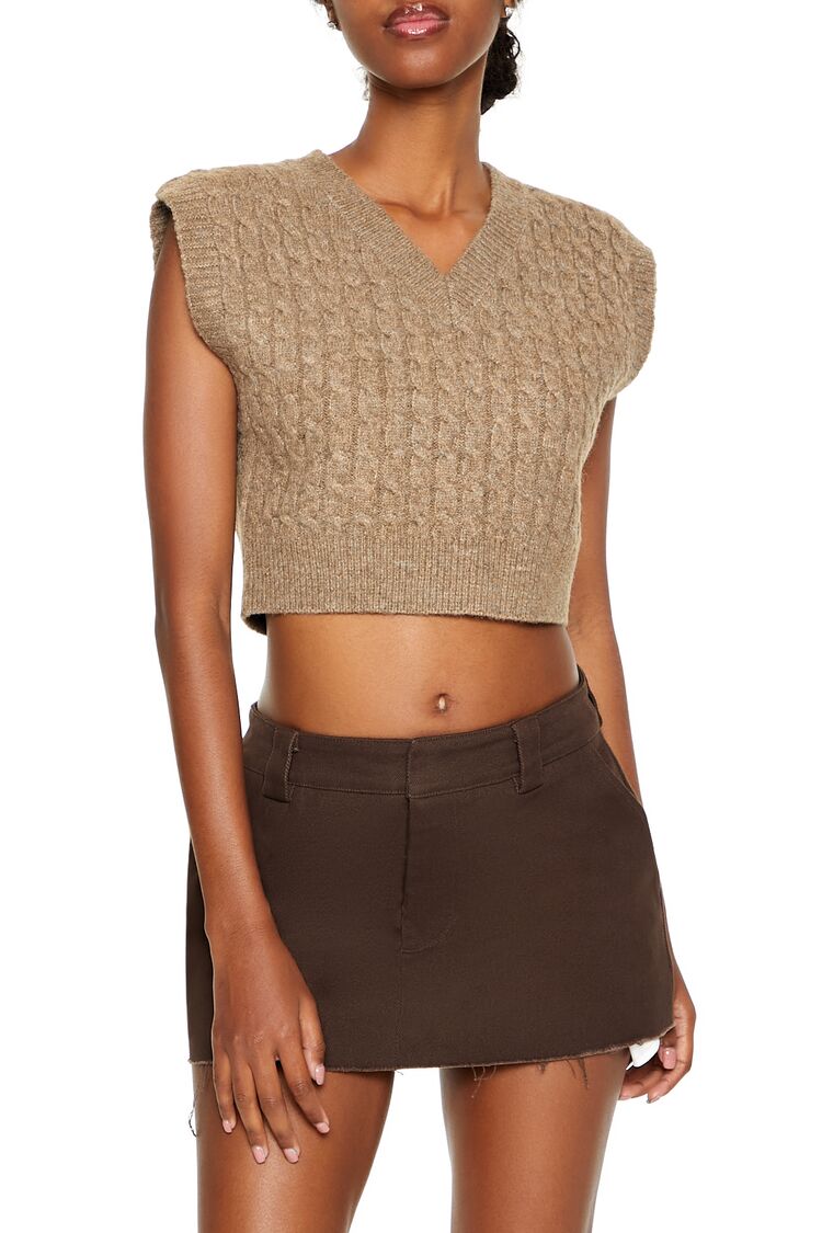  Forever 21 Cropped Cable Knit Sweater Vest - brown - Bonton
