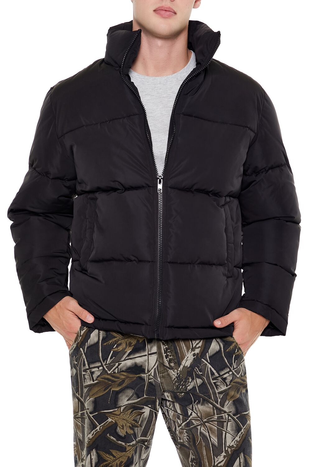  Forever 21 Quilted Funnel-Neck Puffer Jacket - black - Bonton