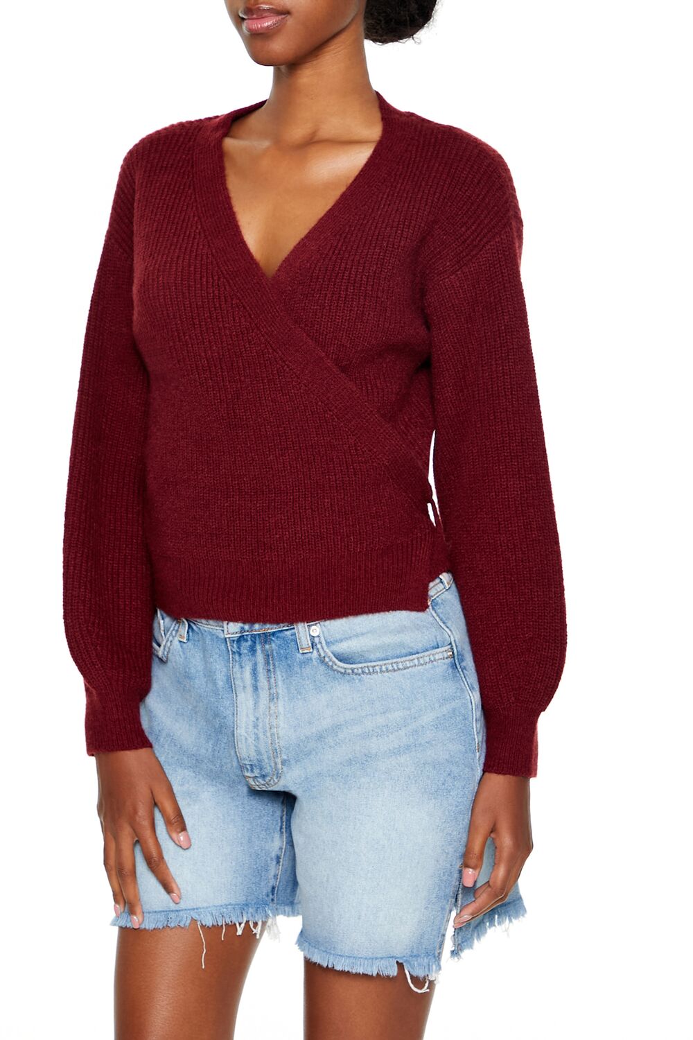  Forever 21 Drop-Sleeve Wrap Sweater - burgundy - Bonton