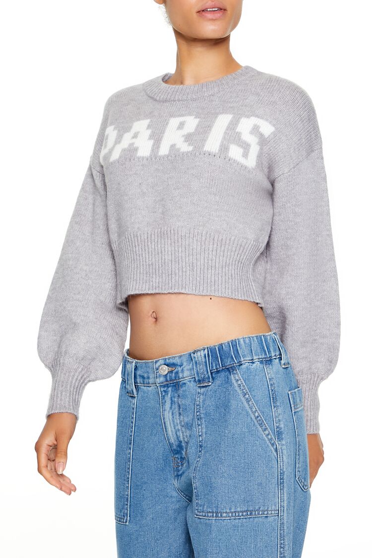  Forever 21 Paris Graphic Cropped Sweater - grey multi - Bonton