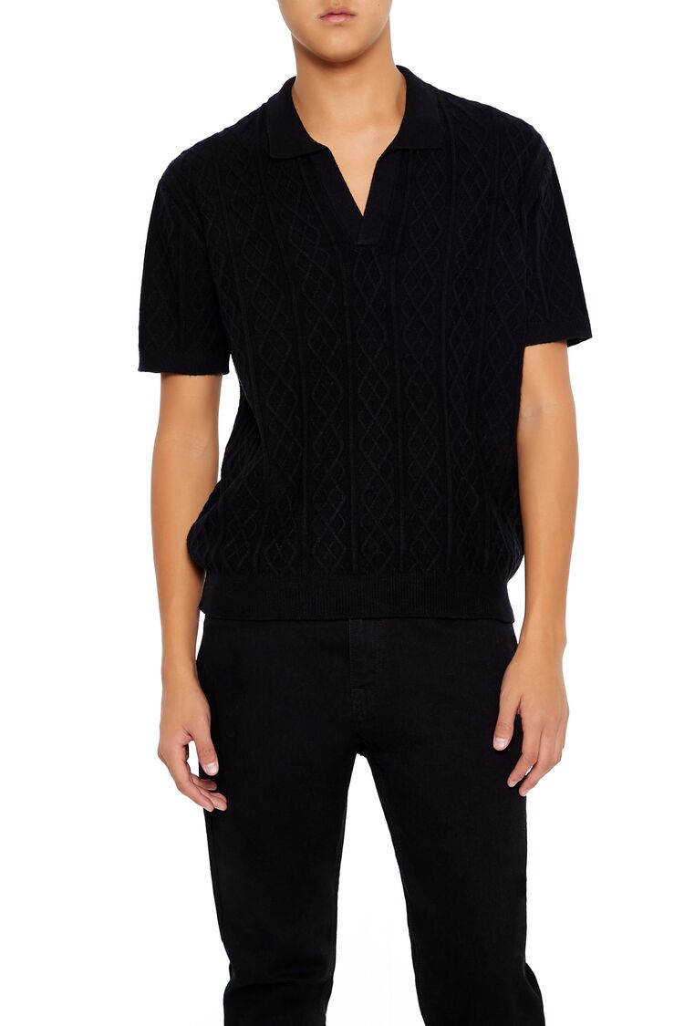  Forever 21 Geo Sweater-Knit Polo Shirt - black - Bonton