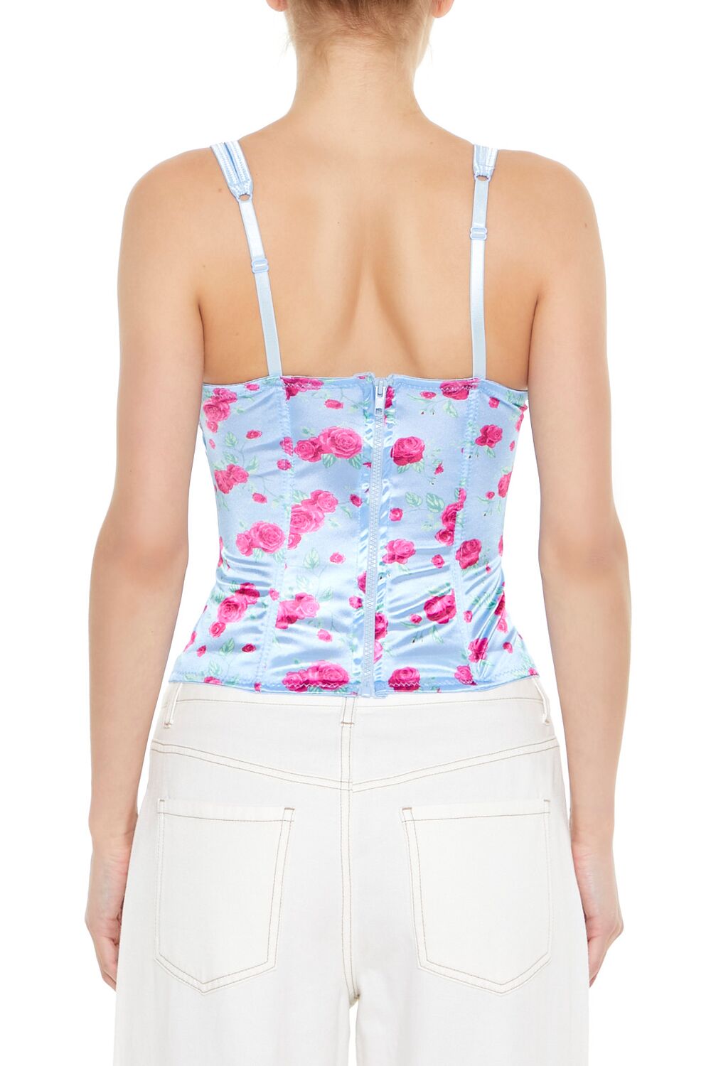  Forever 21 Rose Print Bustier Tank Top - blue multi - Bonton