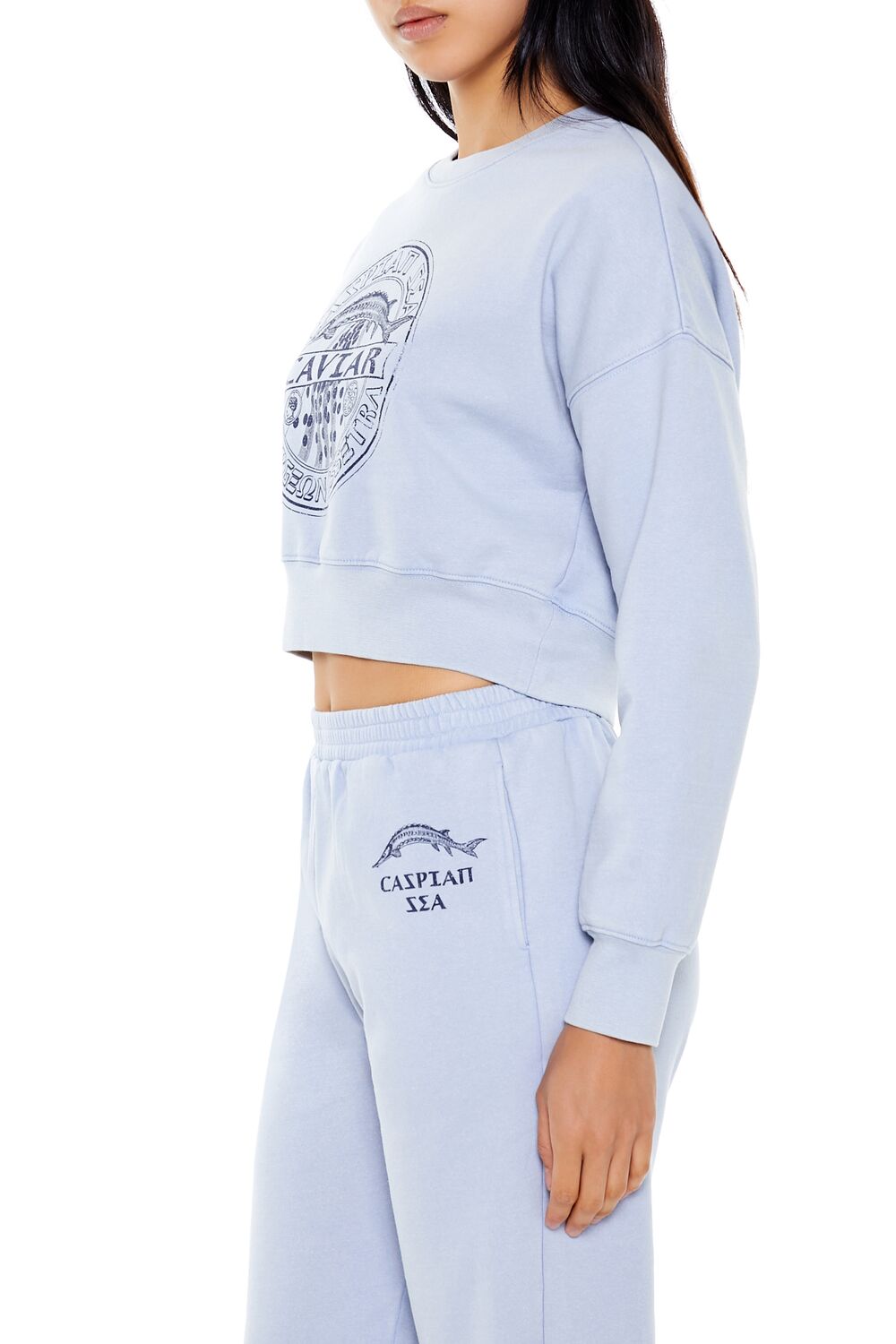  Forever 21 Caviar Graphic Cropped Pullover - blue multi - Bonton