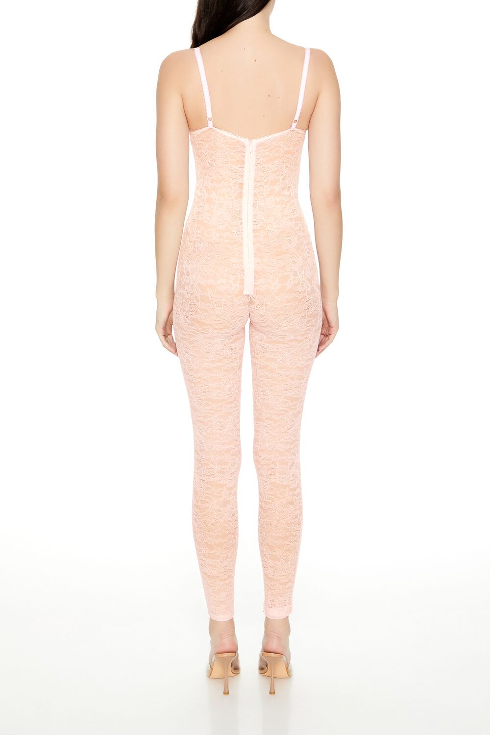  Forever 21 Fitted Sheer Lace Cami Jumpsuit - baby-pink - Bonton