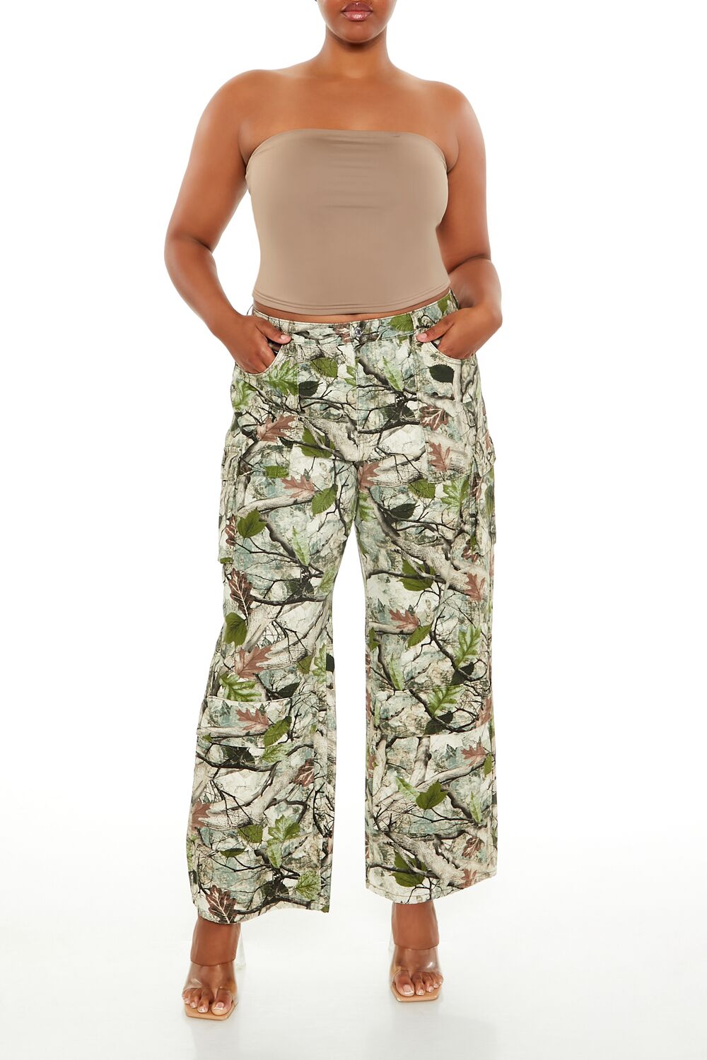  Forever 21 Plus Size Leaf Print Cargo Pants - pink-multi - Bonton