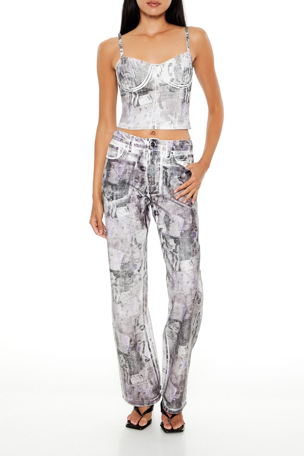  Forever 21 Abstract Print Denim Cropped Cami - purple multi - Bonton