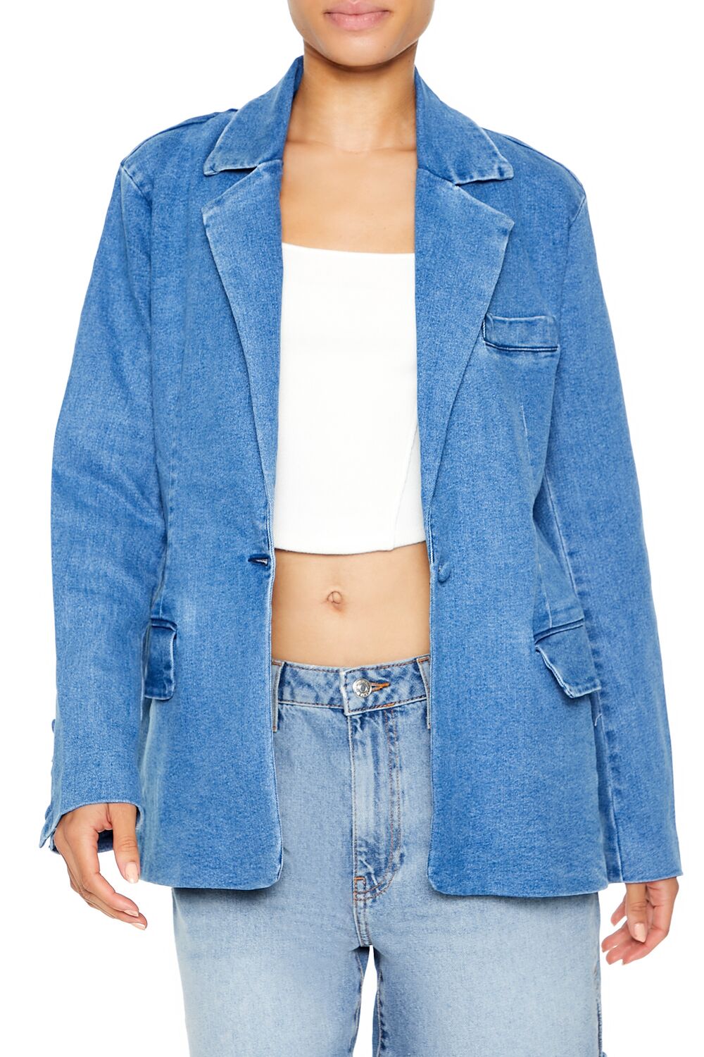  Forever 21 Notched Denim Blazer - medium-denim - Bonton