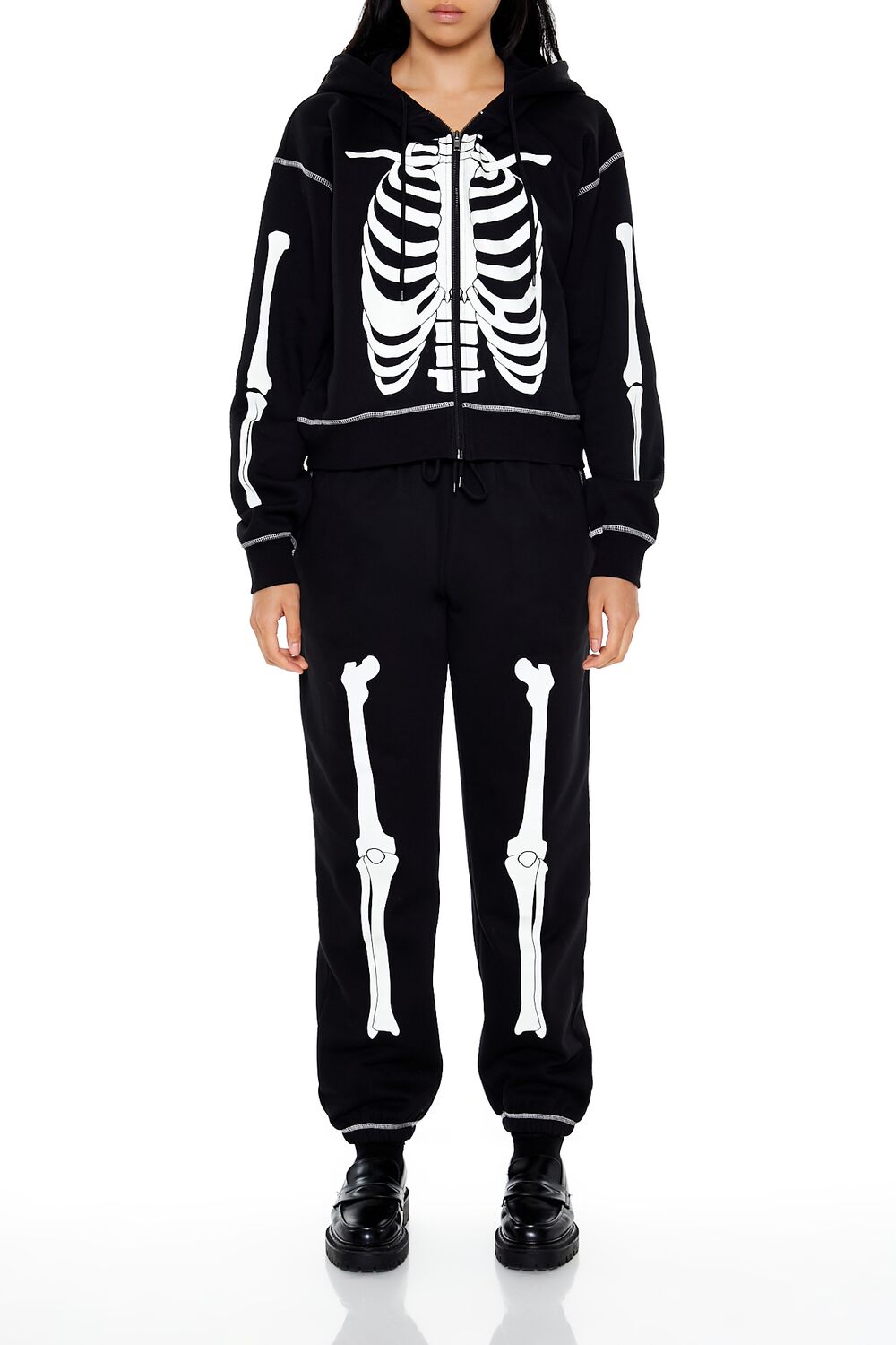  Forever 21 Skeleton Graphic Zip-Up Hoodie - charcoal white - Bonton