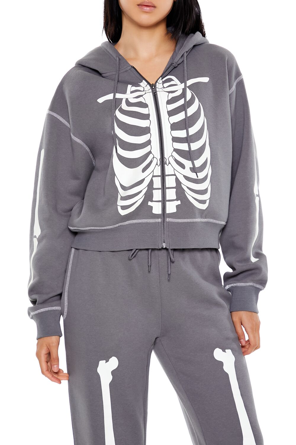  Forever 21 Skeleton Graphic Zip-Up Hoodie - charcoal white - Bonton