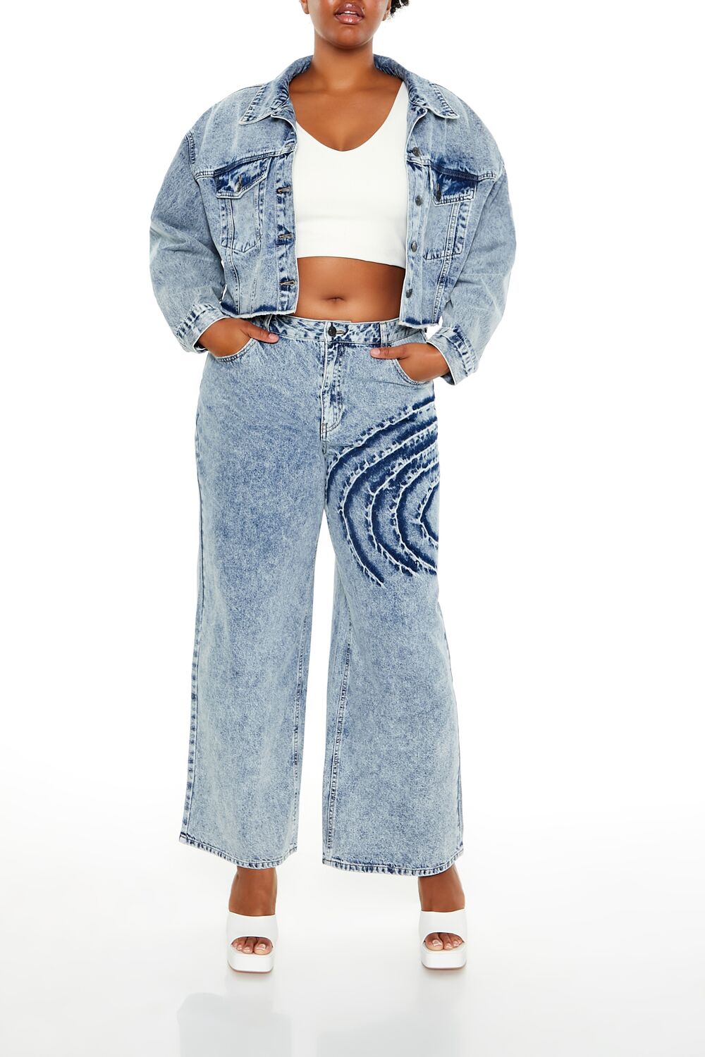  Forever 21 Plus Size Heart Mineral Wash Jacket - light-denim - Bonton