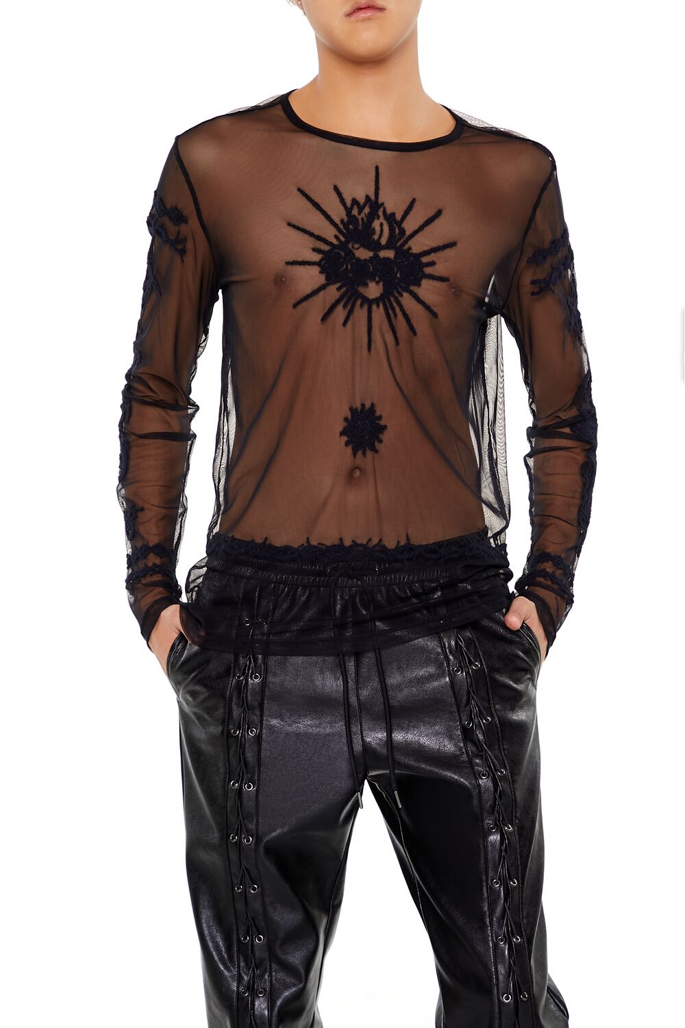  Forever 21 Embroidered Sheer Mesh Top - black - Bonton