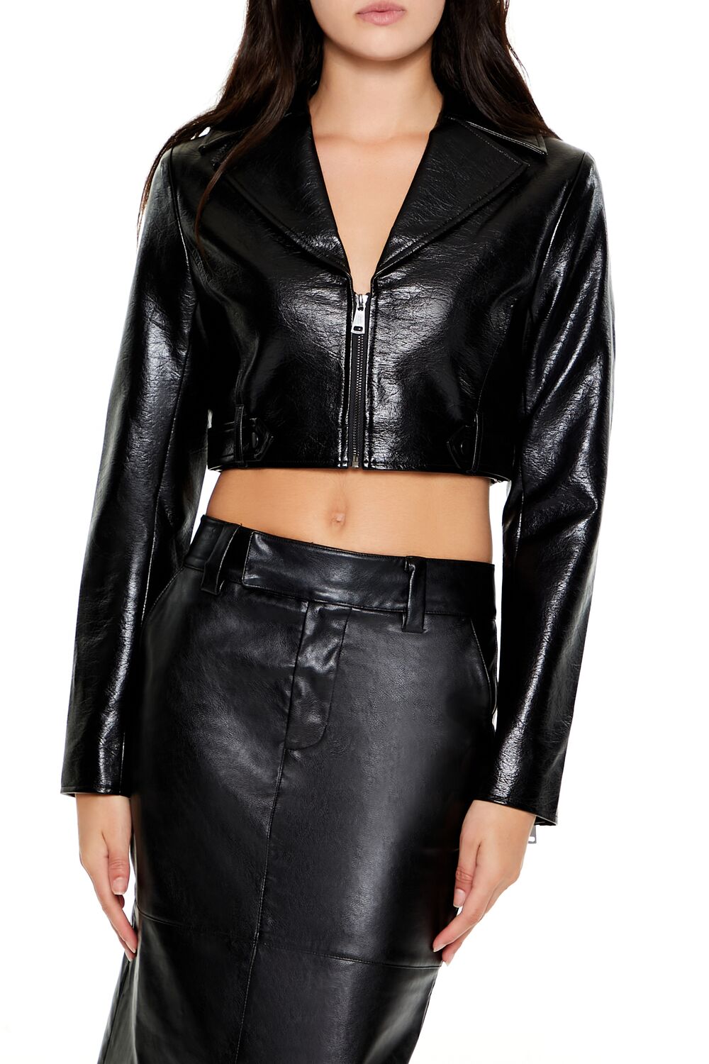  Forever 21 Cropped Faux Leather Zip-Up Jacket - black-swatch - Bonton