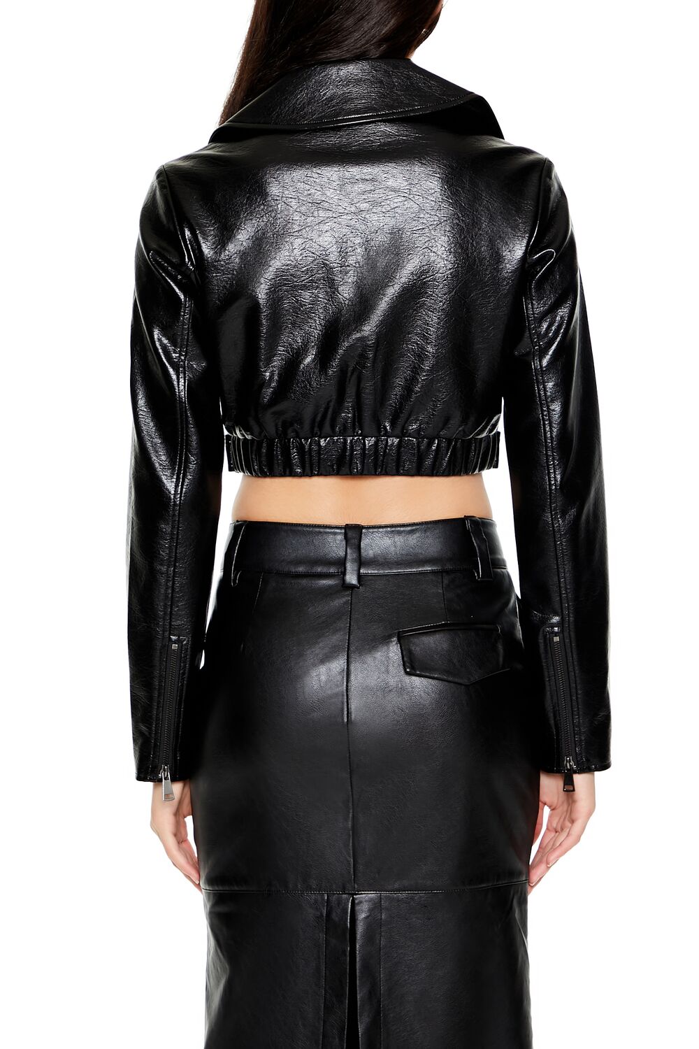  Forever 21 Cropped Faux Leather Zip-Up Jacket - black-swatch - Bonton