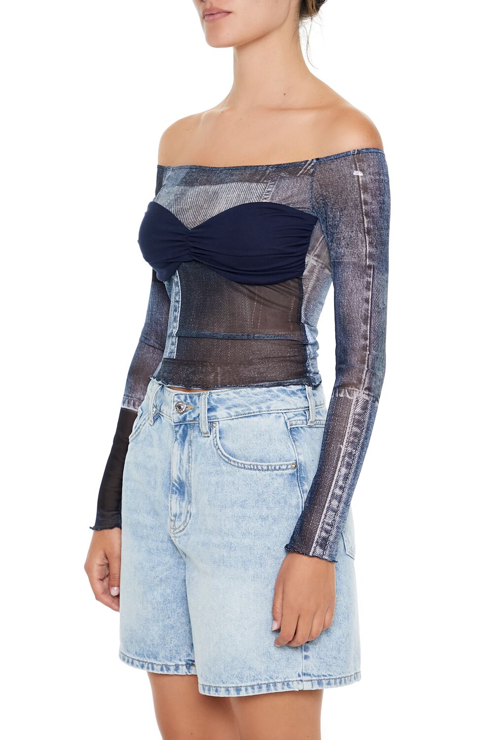 Forever 21 Denim Print Off-the-Shoulder Top - blue multi - Bonton