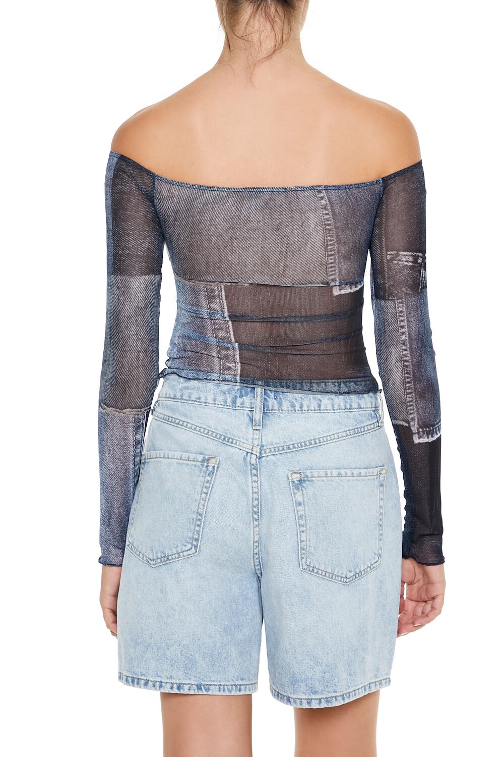  Forever 21 Denim Print Off-the-Shoulder Top - blue multi - Bonton