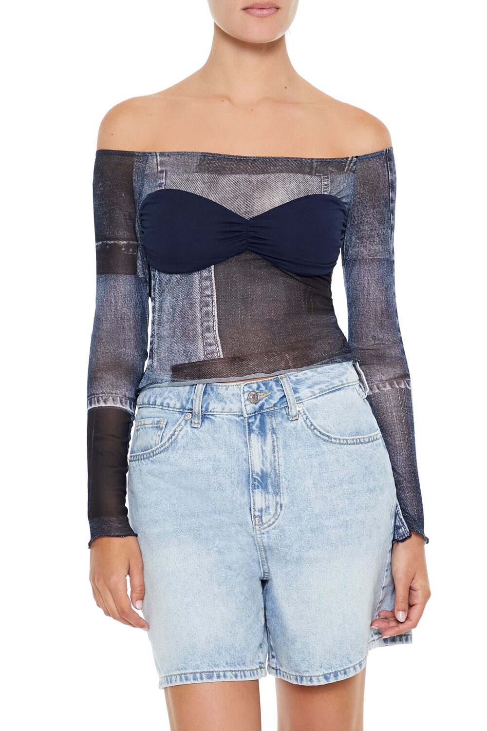  Forever 21 Denim Print Off-the-Shoulder Top - blue multi - Bonton