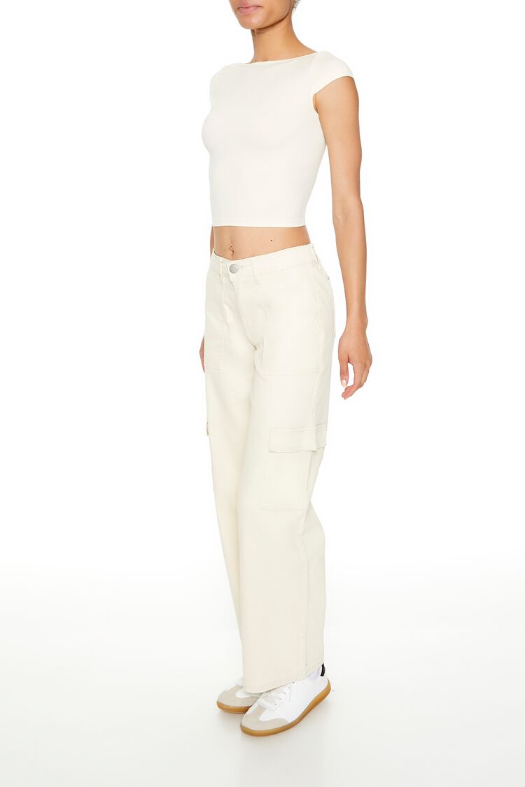  Forever 21 Twill Low-Rise Cargo Pants - cream - Bonton
