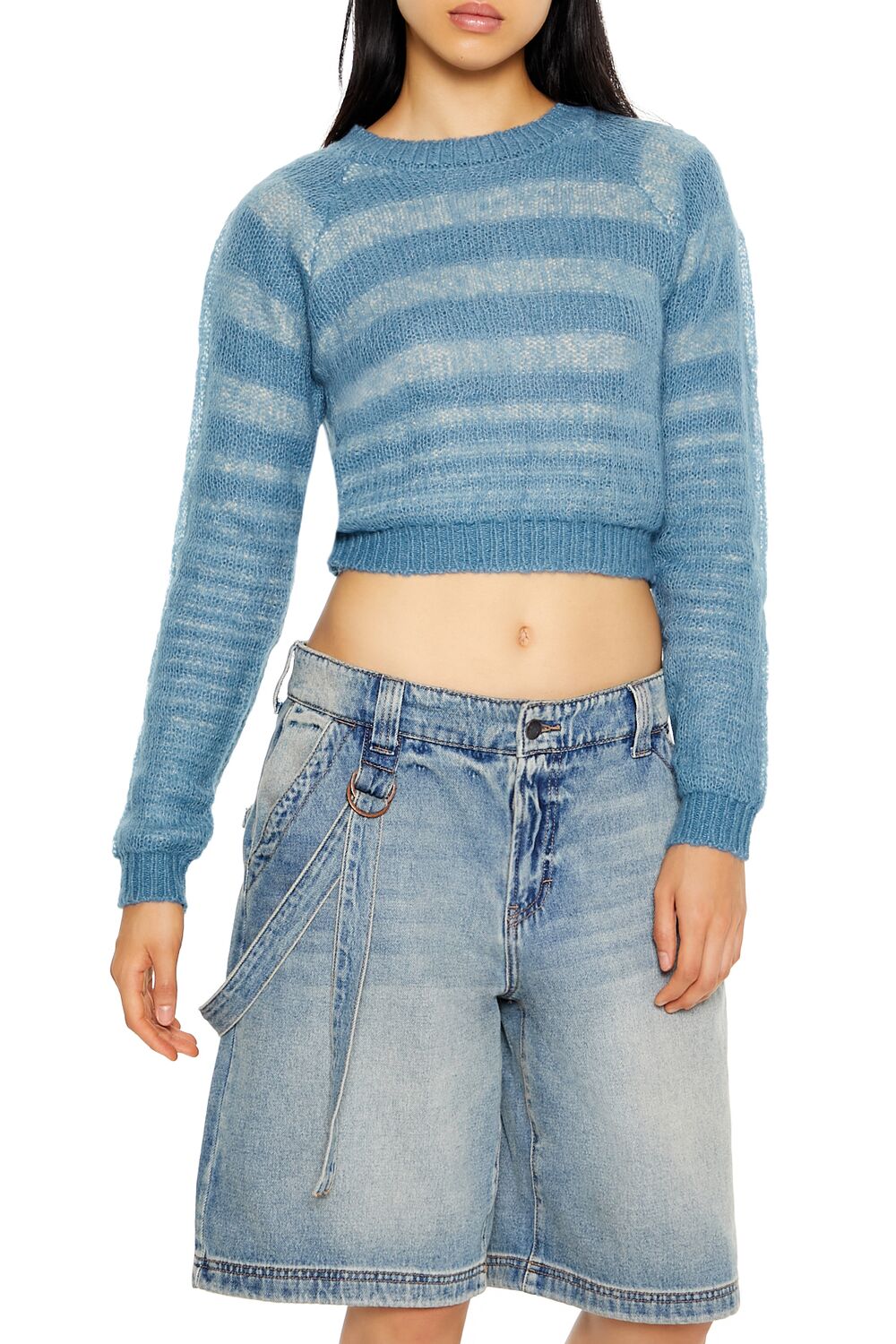  Forever 21 Striped Cropped Sweater - blue multi - Bonton