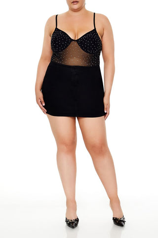 Plus Size Rhinestone Mesh Bodysuit