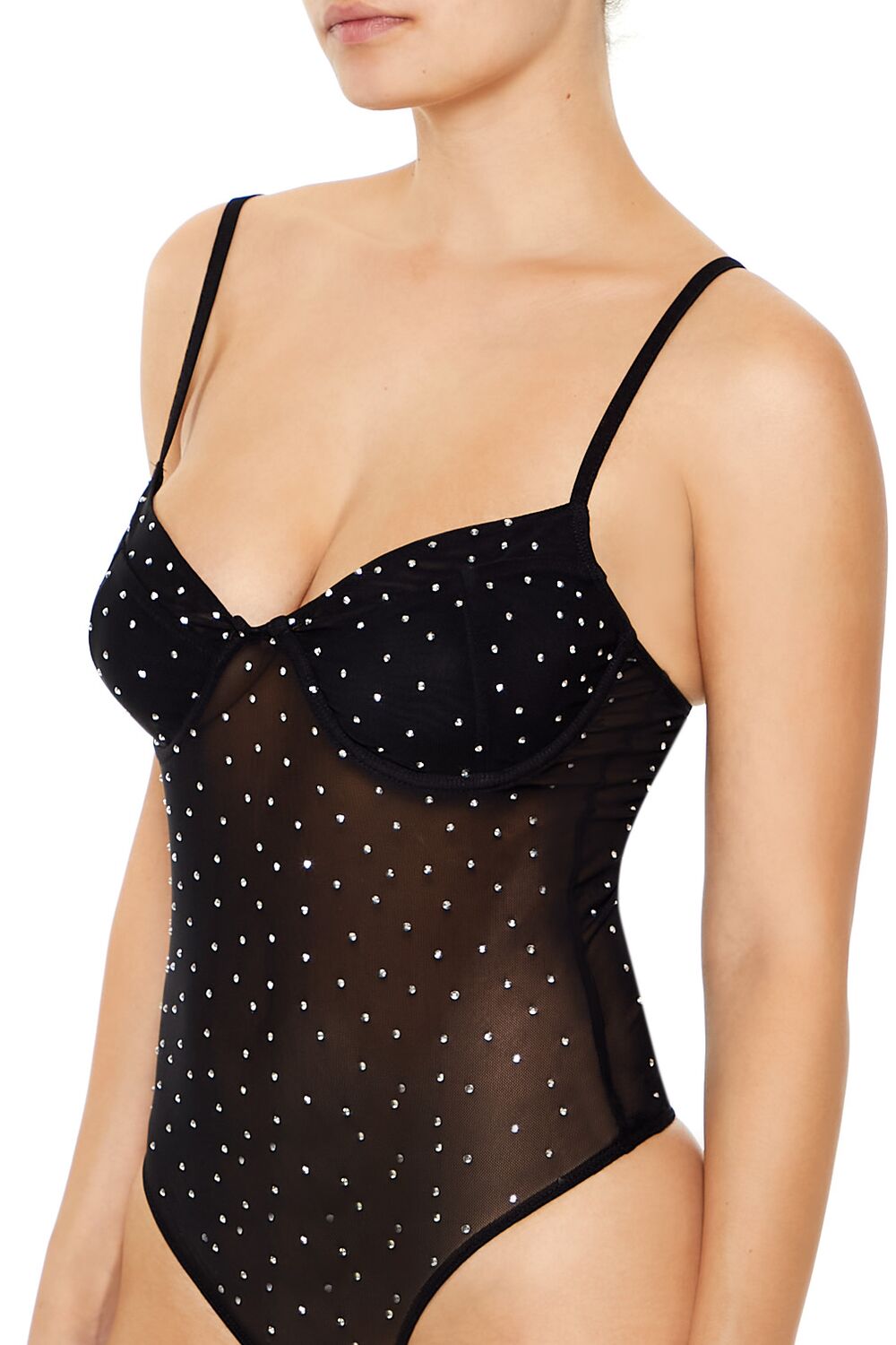 Forever 21 Rhinestone Mesh Thong Bodysuit - white - Bonton