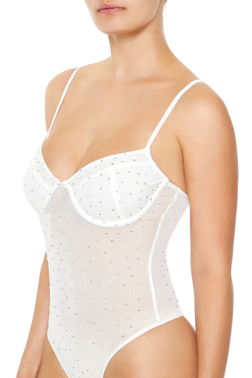  Forever 21 Rhinestone Mesh Thong Bodysuit - white - Bonton