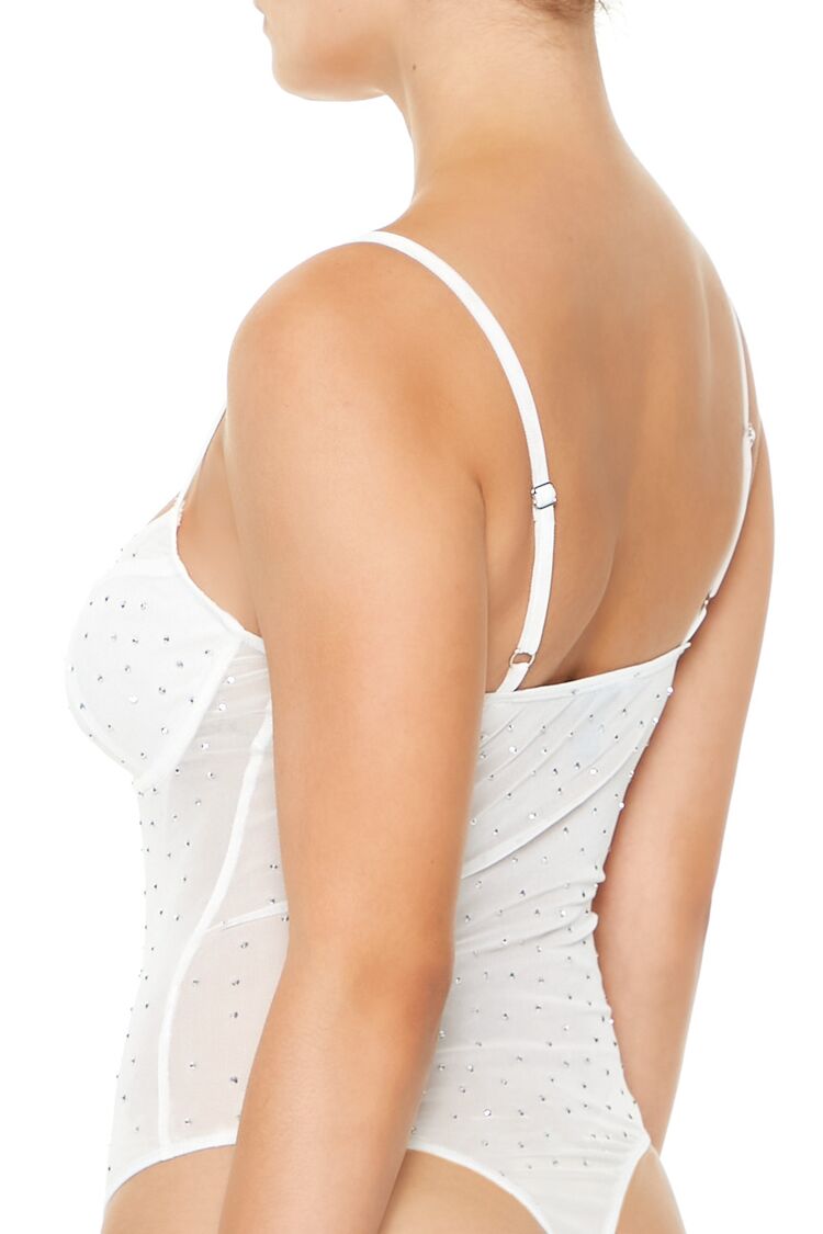  Forever 21 Rhinestone Mesh Thong Bodysuit - white - Bonton