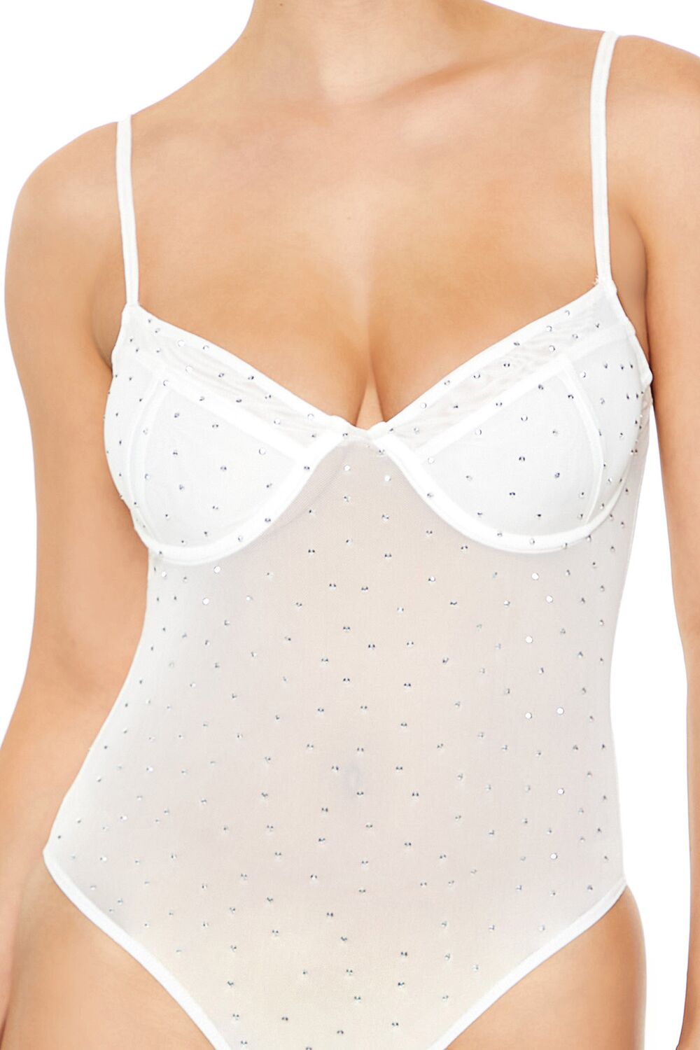  Forever 21 Rhinestone Mesh Thong Bodysuit - white - Bonton