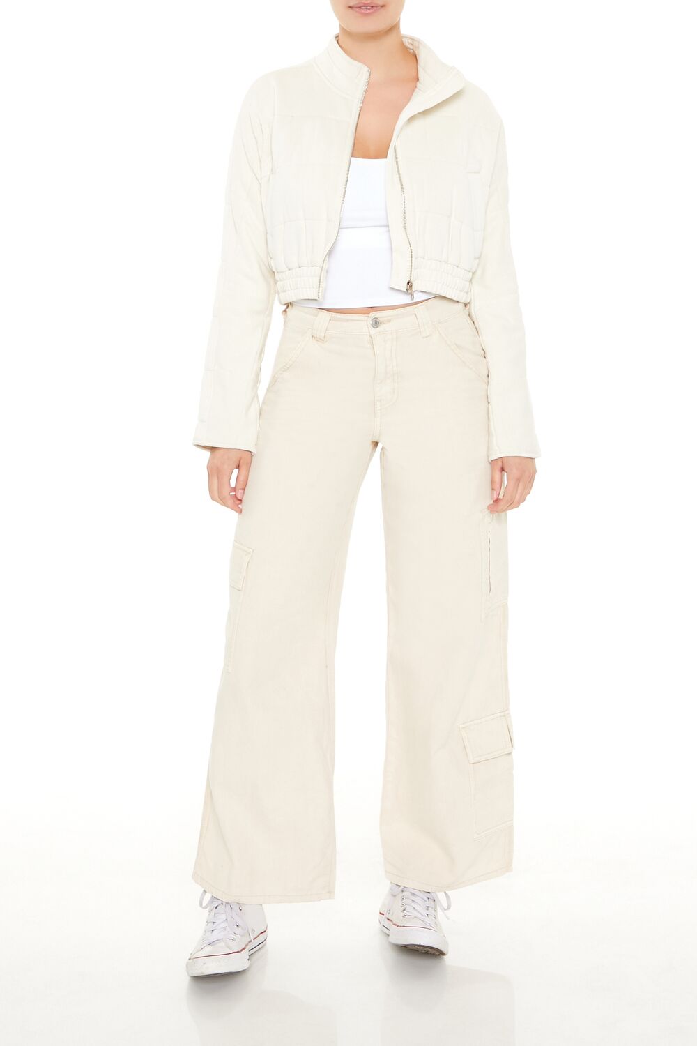  Forever 21 Quilted Zip-Up Cropped Jacket - white - Bonton