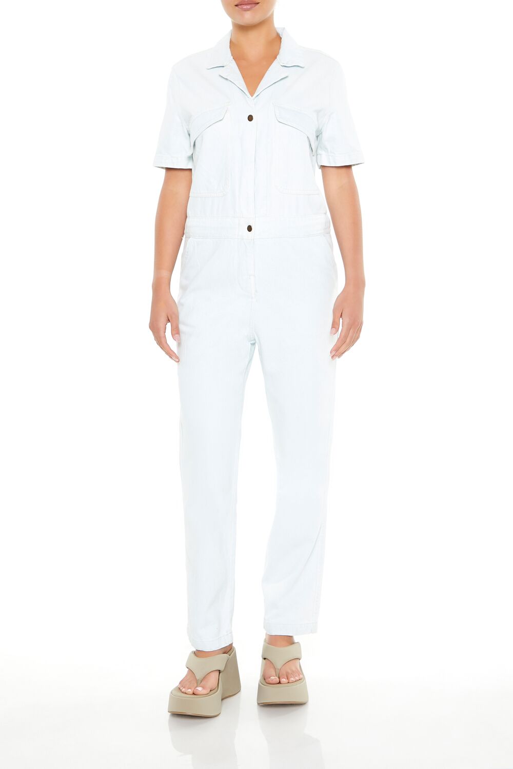  Forever 21 Button-Front Denim Jumpsuit - light-denim - Bonton