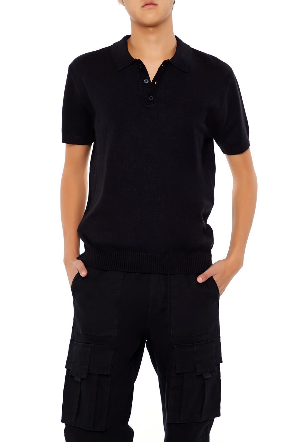  Forever 21 Sweater-Knit Polo Shirt - black - Bonton