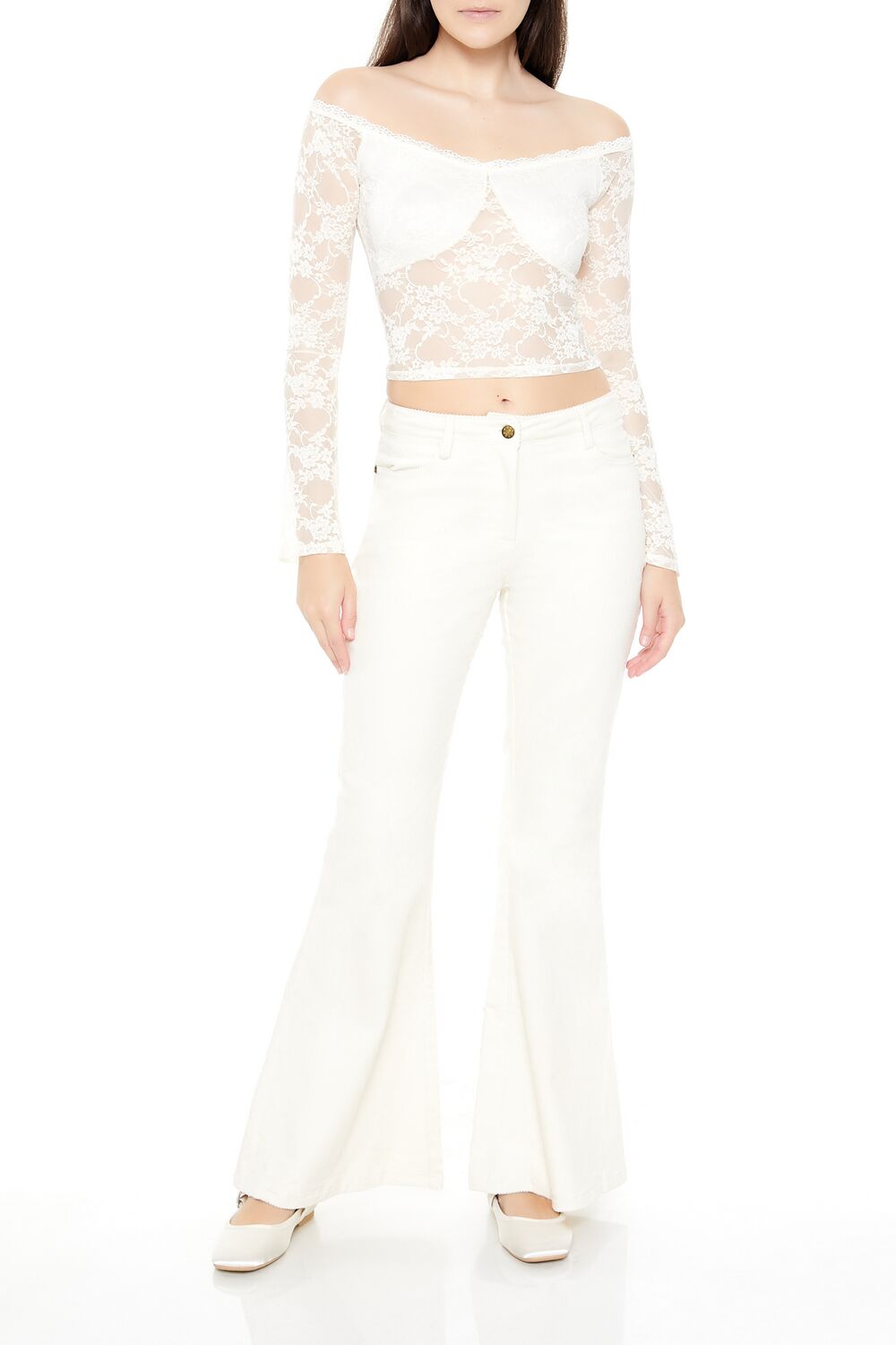  Forever 21 Corduroy Mid-Rise Flare Pants - vanilla - Bonton