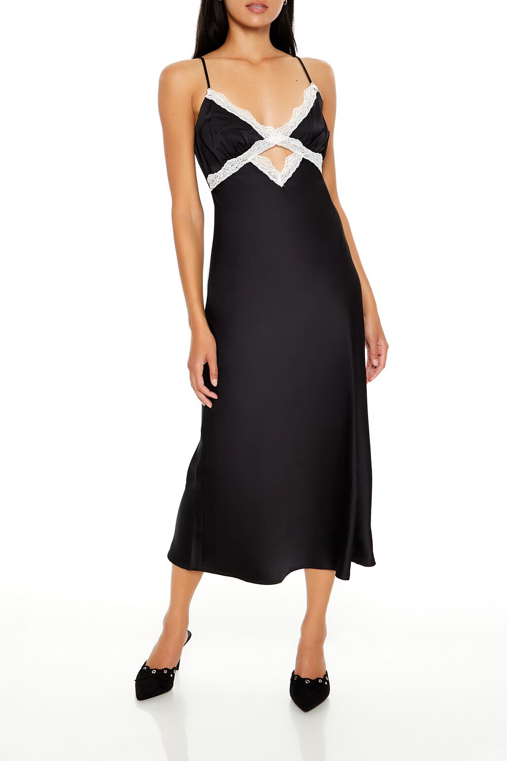  Forever 21 Lace-Trim Maxi Slip Dress - black-multi - Bonton