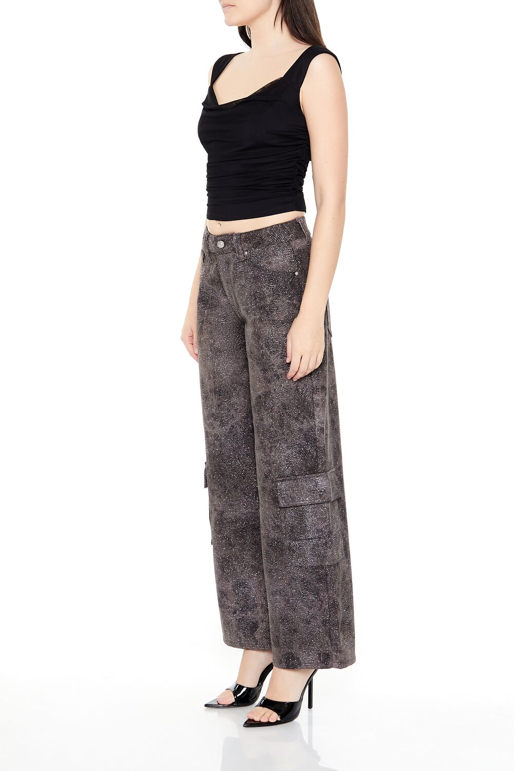 Forever 21 Rhinestone Mid-Rise Cargo Pants - brown-multi - Bonton