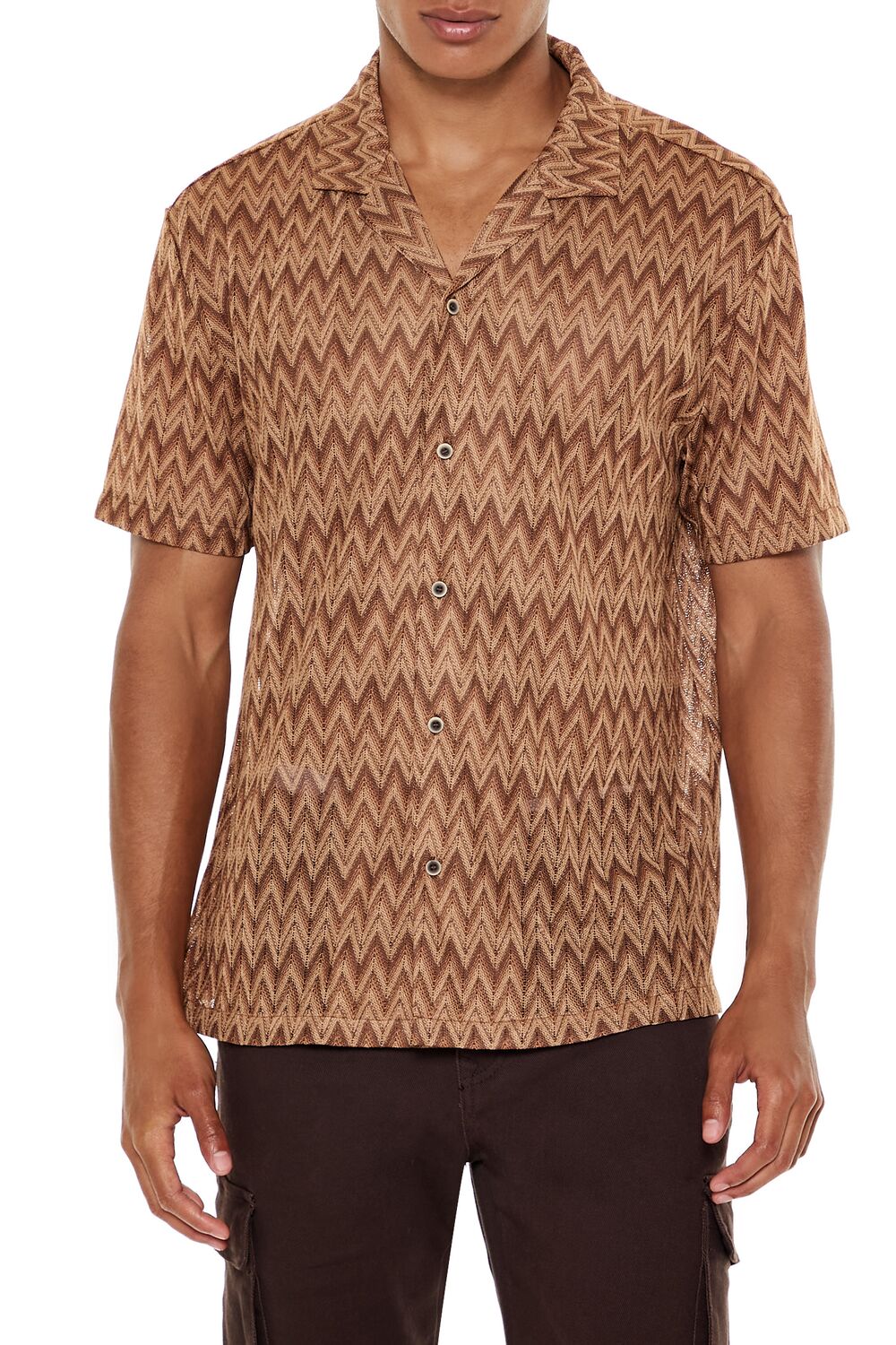  Forever 21 Chevron Textured Button-Front Shirt - deep taupe multi - Bonton