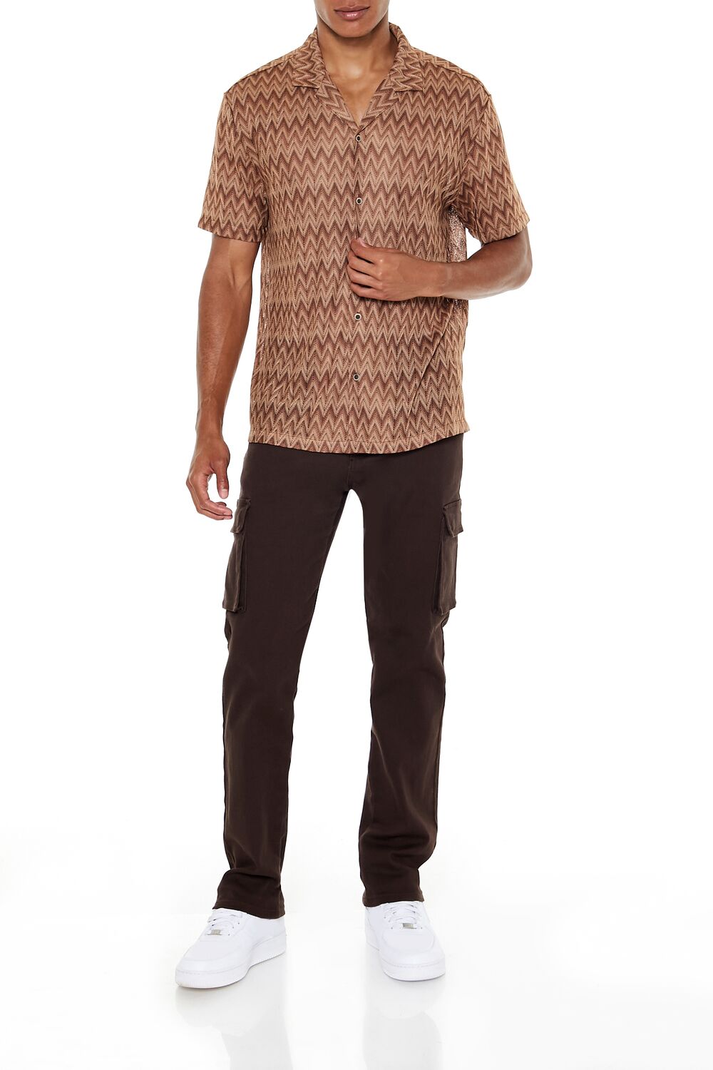 Forever 21 Chevron Textured Button-Front Shirt - deep taupe multi - Bonton