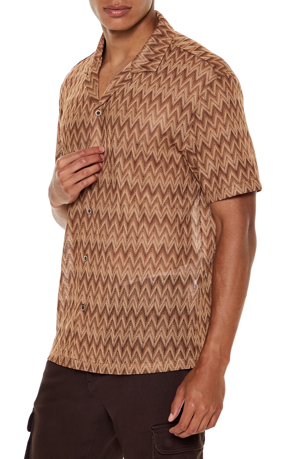  Forever 21 Chevron Textured Button-Front Shirt - deep taupe multi - Bonton