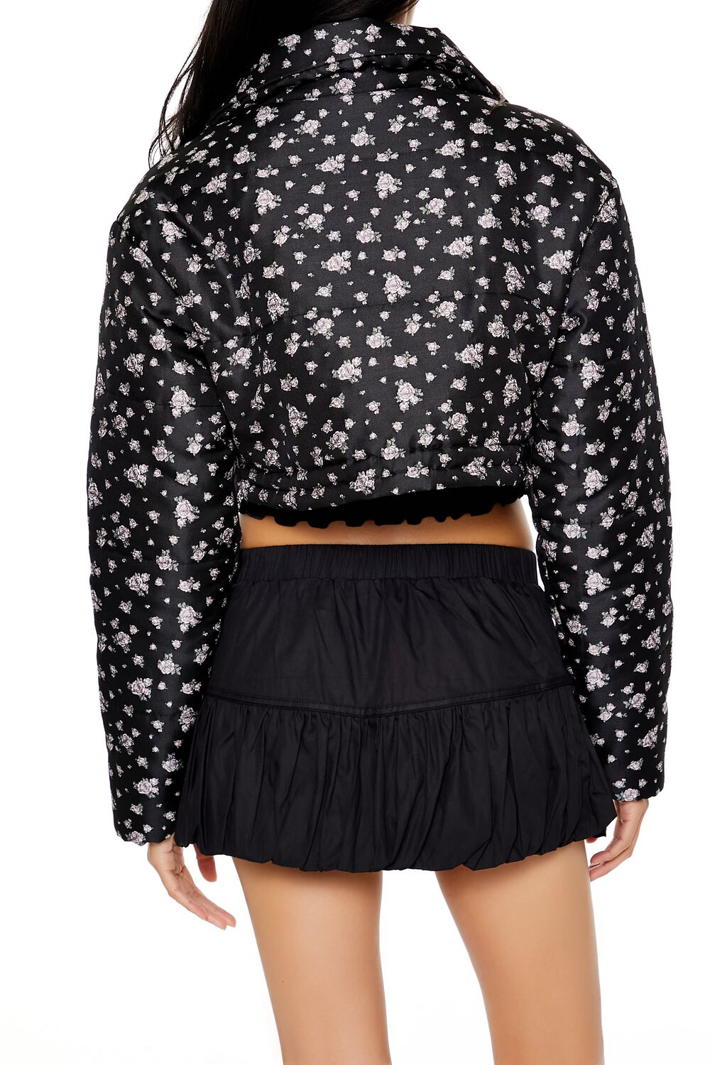  Forever 21 Floral Print Puffer Jacket - black-multi - Bonton