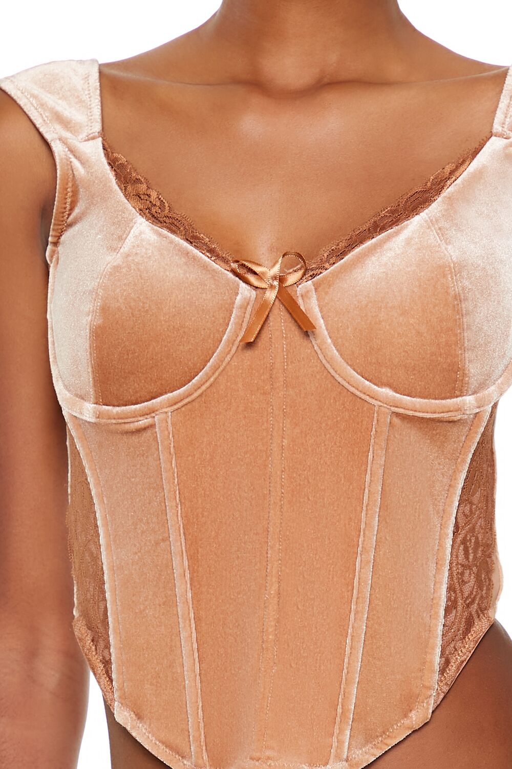 Forever 21 Velvet Bow Bustier Crop Top - camel - Bonton