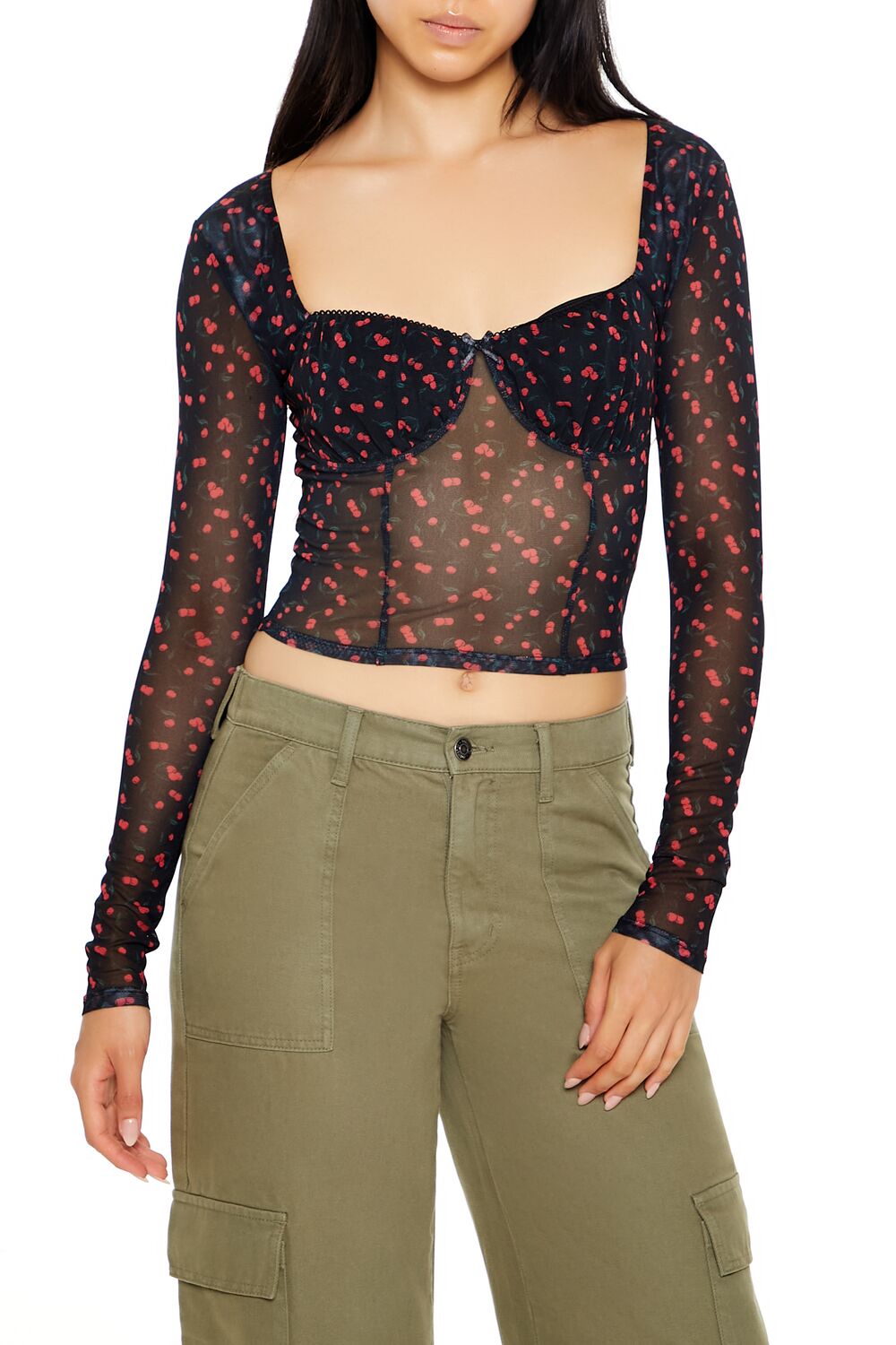  Forever 21 Mesh Cherry Print Crop Top - black multi - Bonton