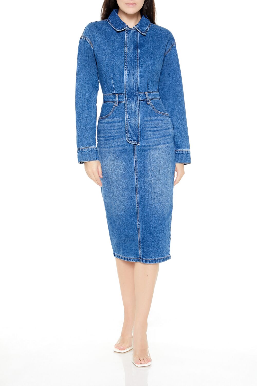  Forever 21 Denim Button-Front Midi Dress - medium-denim - Bonton