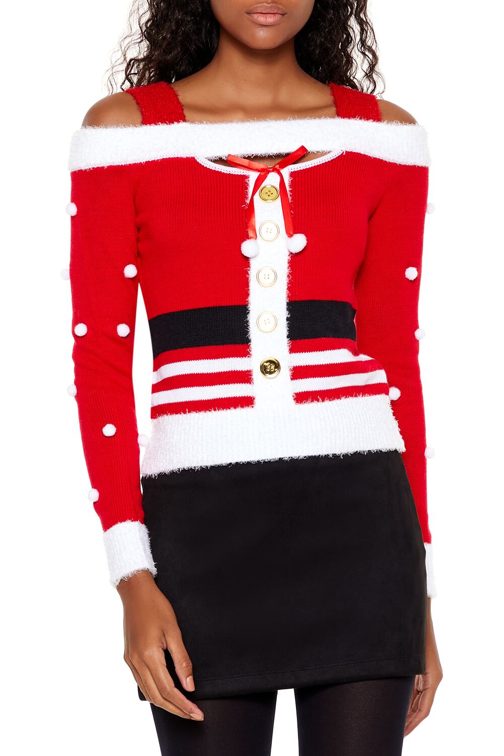  Forever 21 Santa Open-Shoulder Sweater - red multi - Bonton