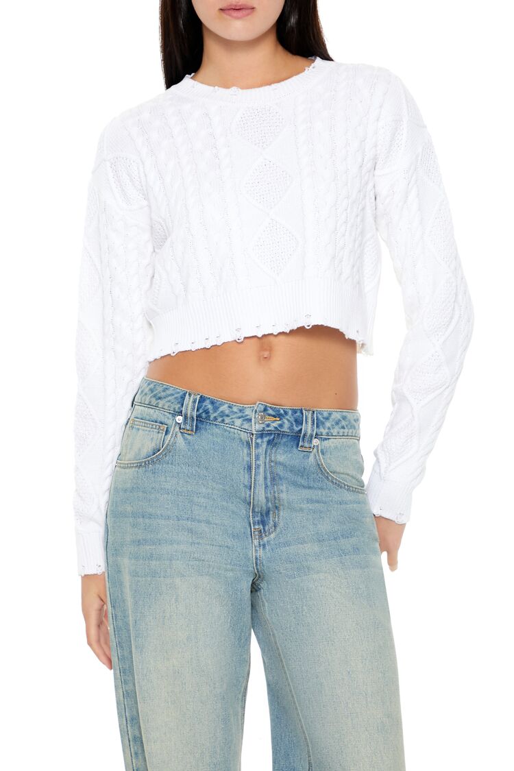  Forever 21 Cropped Cable Knit Sweater - white - Bonton