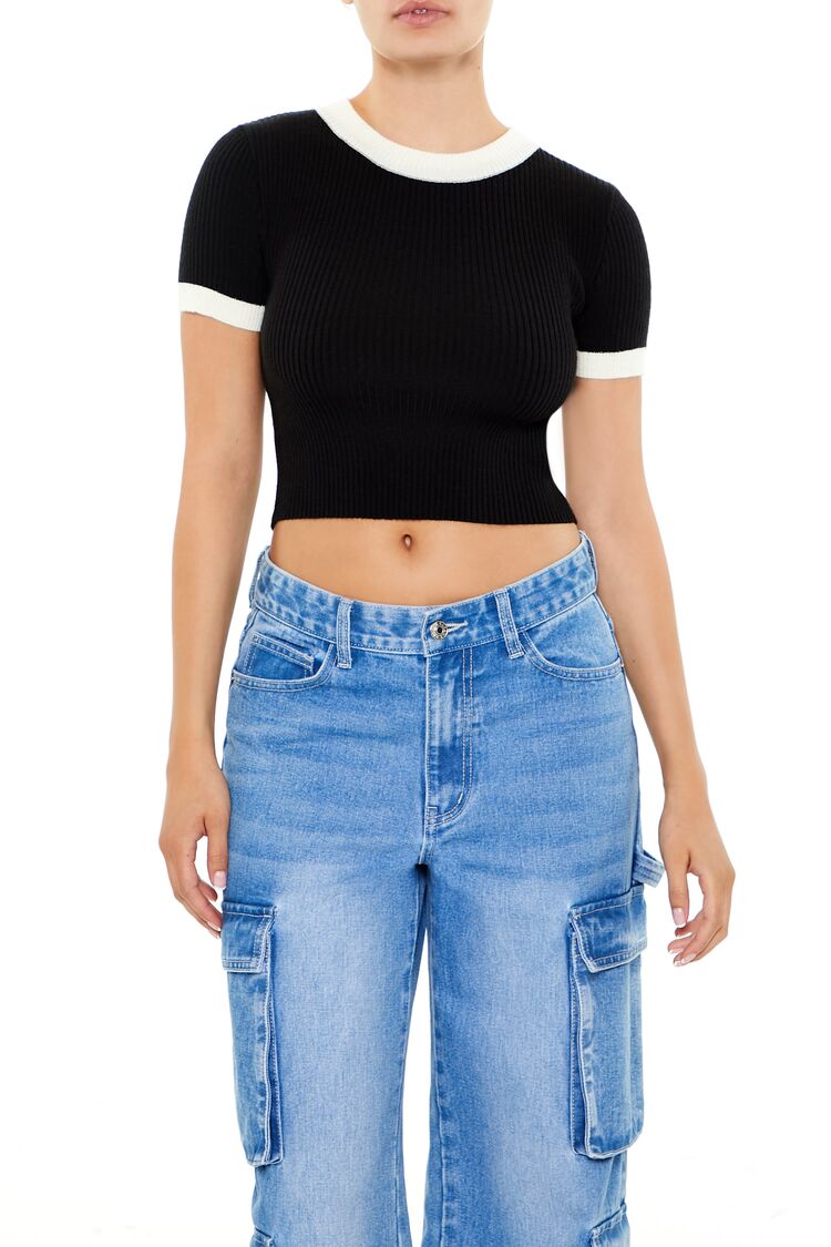  Forever 21 Sweater-Knit Ringer Cropped Tee - black white - Bonton